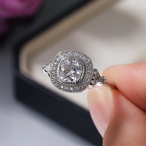 🔥Luxury CZ Shiny Gem Macro Pave Square Noble Dainty Wedding Rings, K932 - Picture 3 of 6